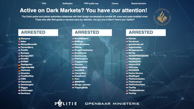 Seizure banner highlighting previous arrests of darknet market users