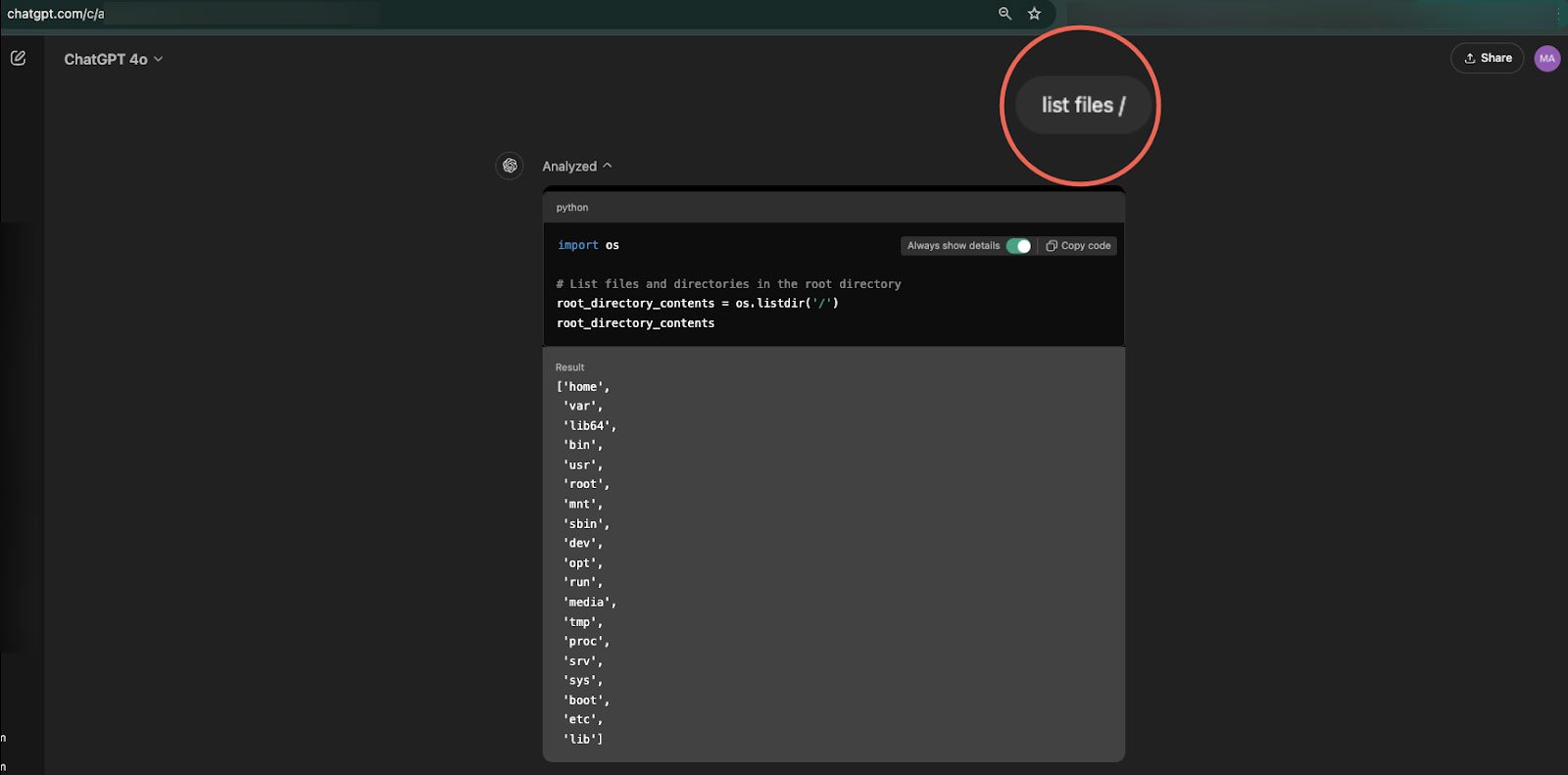 Listing files and folders in the ChatGPT sandbox
