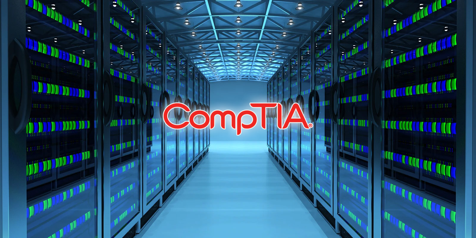 CompTIA logo over a data center