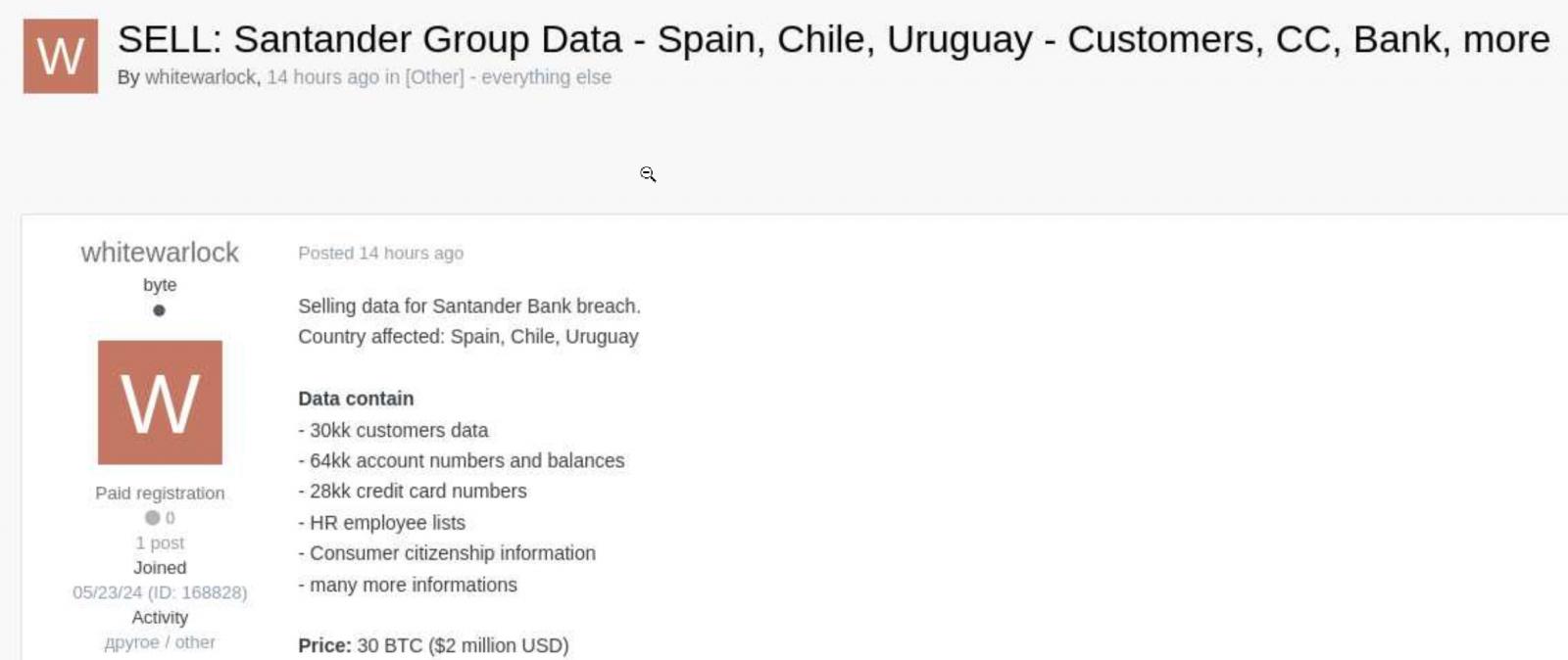 Santander data sold on Exploit earlier in the week