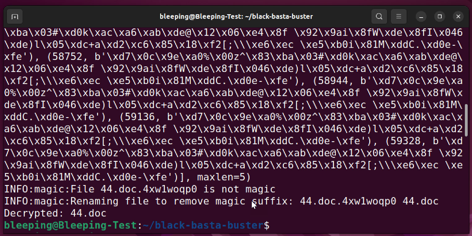 Black Basta Buster decrypting a file