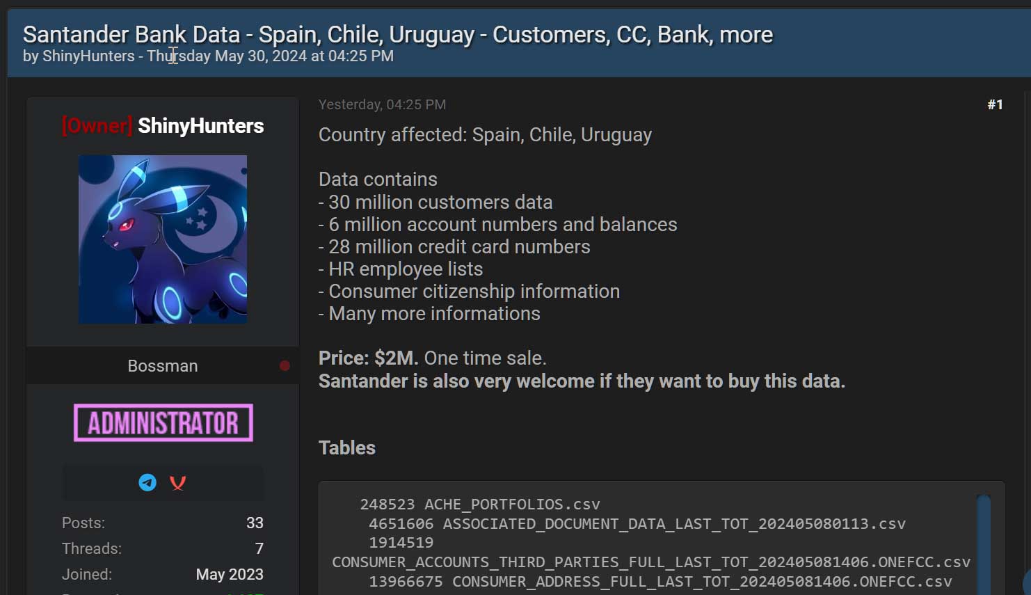 Selling of Santander Bank data on a hacking forum