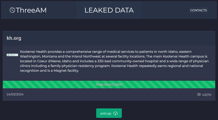 Kootenai Health data leaked on the 3AM extortion portal