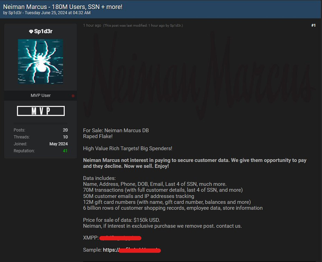 Neiman Marcus data for sale on a hacking forum