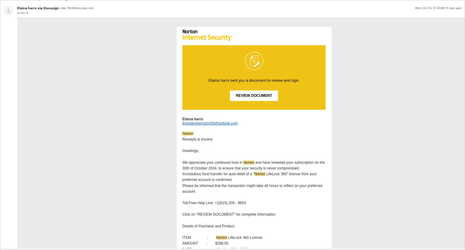 Fake Norton invoice created on DocuSign