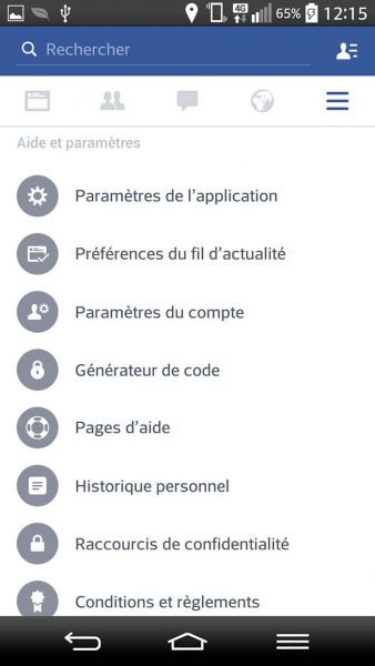 Paramètres de l'application Facebook
