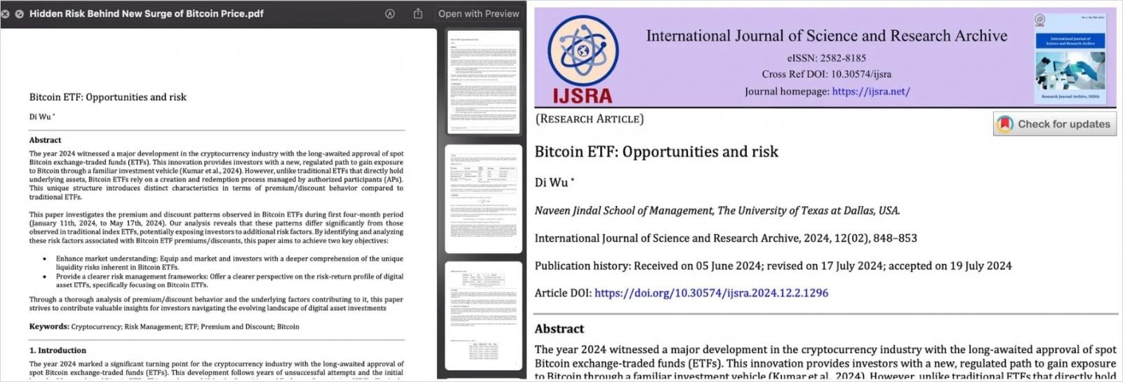 Fake PDF (left) and original source (right)