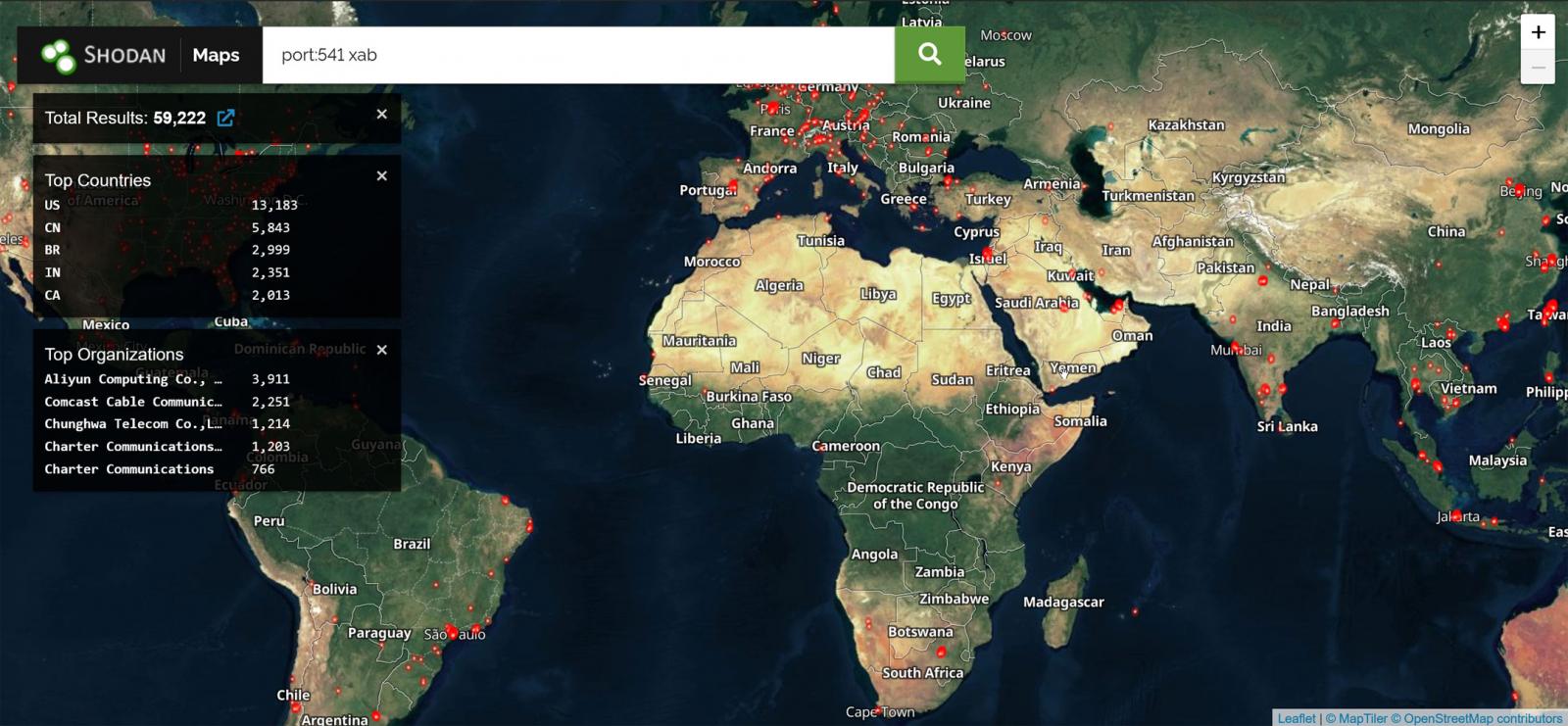 Shodan map of exposed FortiManager servers