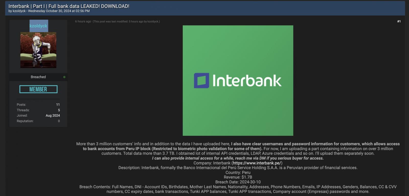 Stolen Interbank data up for sale