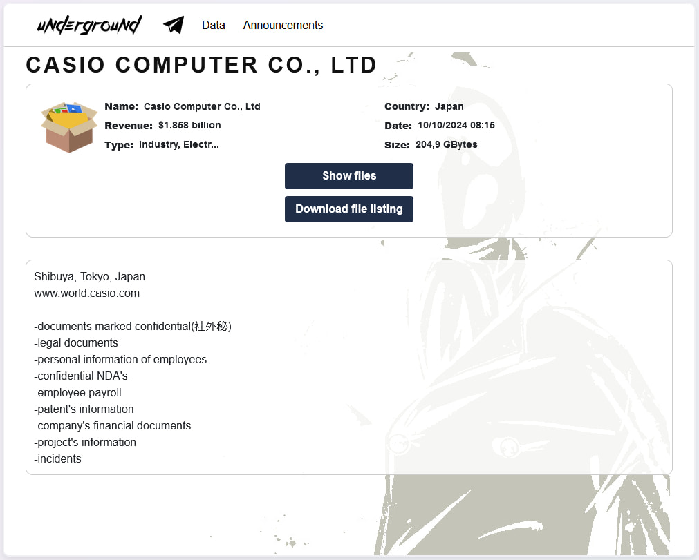 Casio data leaked on Underground ransomware portal
