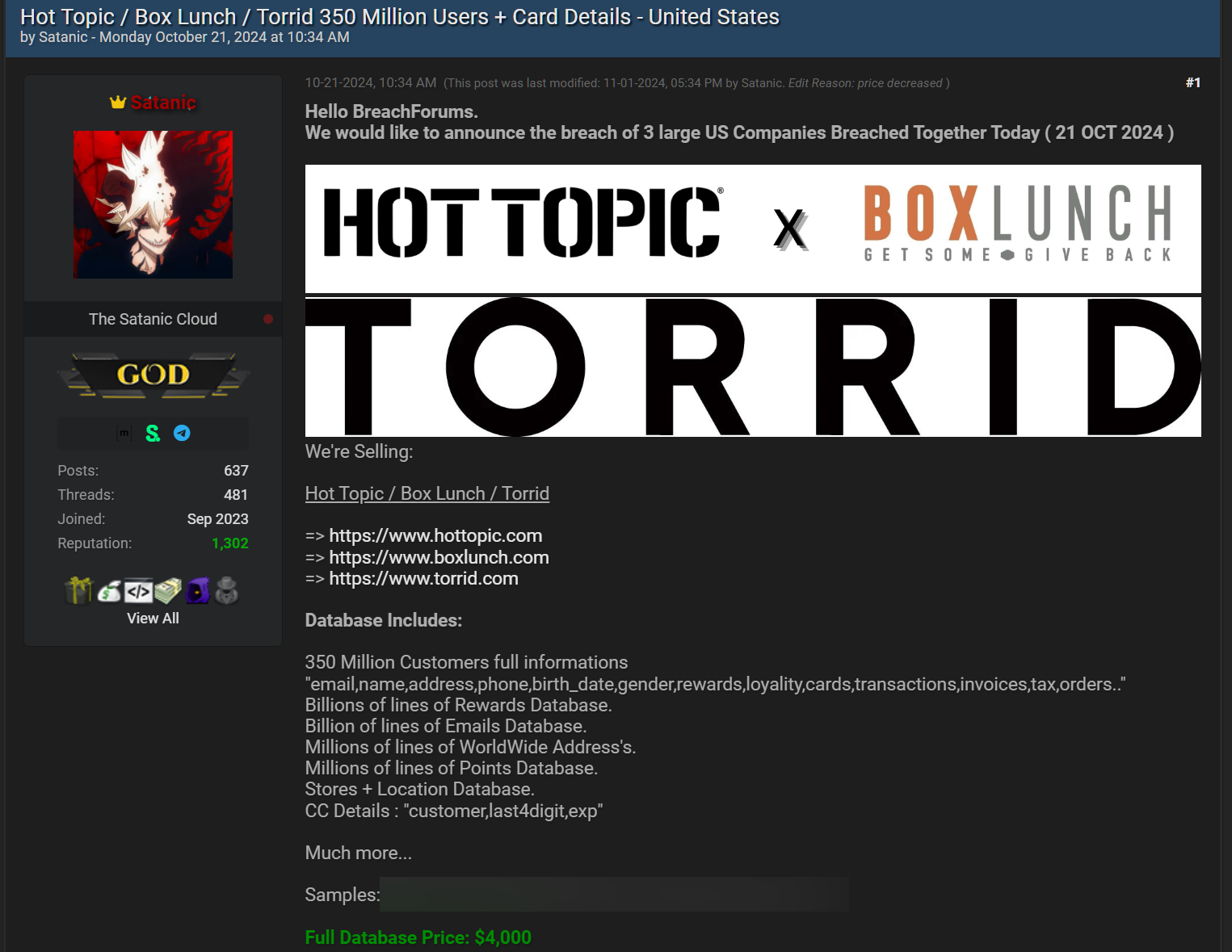 Hot Topic forum post on Breached