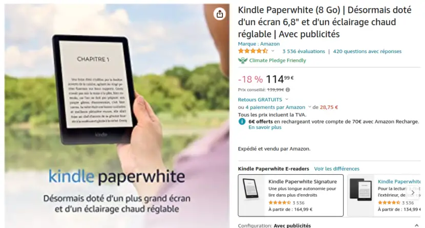 Page produit Amazon Kindle Paperwhite en promo