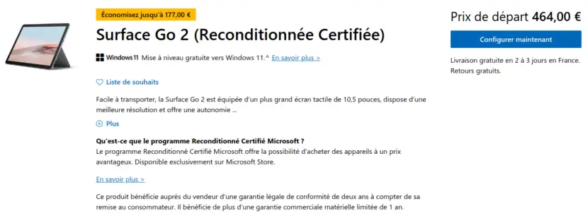 Promotion Microsoft Surface Go 2 reconditionné
